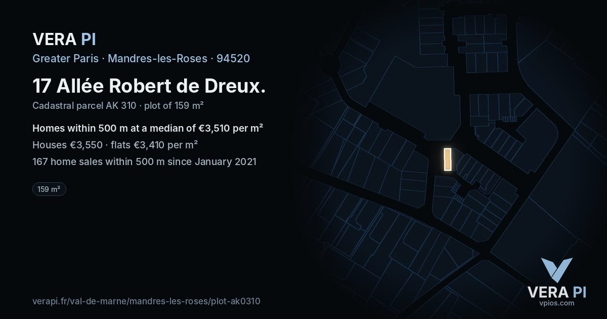 17 Allée Robert de Dreux, Mandres-les-Roses at night – the plot lit, the parcels around coloured by the prices near them