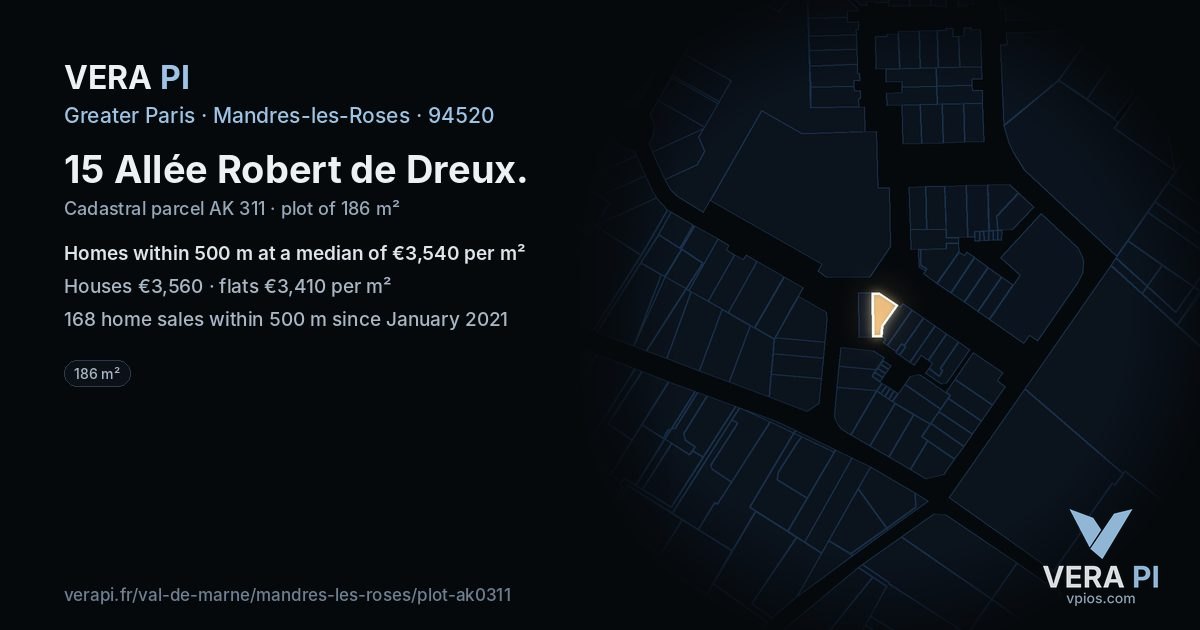 15 Allée Robert de Dreux, Mandres-les-Roses at night – the plot lit, the parcels around coloured by the prices near them