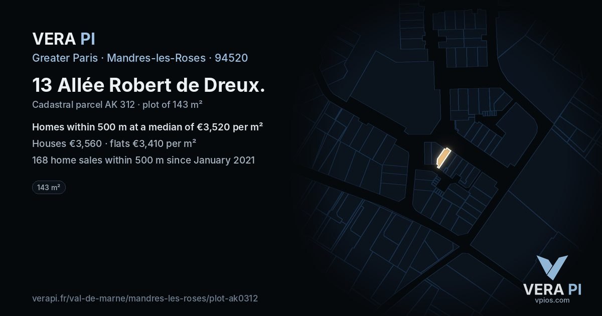13 Allée Robert de Dreux, Mandres-les-Roses at night – the plot lit, the parcels around coloured by the prices near them