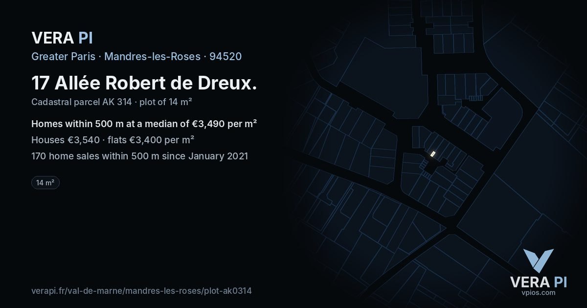 17 Allée Robert de Dreux, Mandres-les-Roses at night – the plot lit, the parcels around coloured by the prices near them