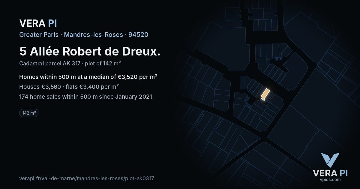 5 Allée Robert de Dreux, Mandres-les-Roses at night – the plot lit, the parcels around coloured by the prices near them