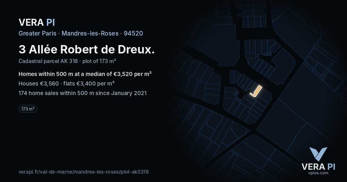 3 Allée Robert de Dreux, Mandres-les-Roses at night – the plot lit, the parcels around coloured by the prices near them