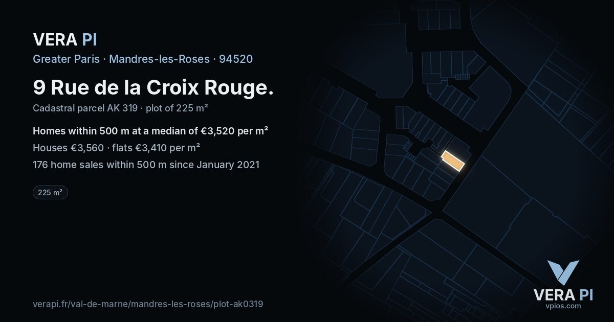 9 Rue de la Croix Rouge, Mandres-les-Roses at night – the plot lit, the parcels around coloured by the prices near them