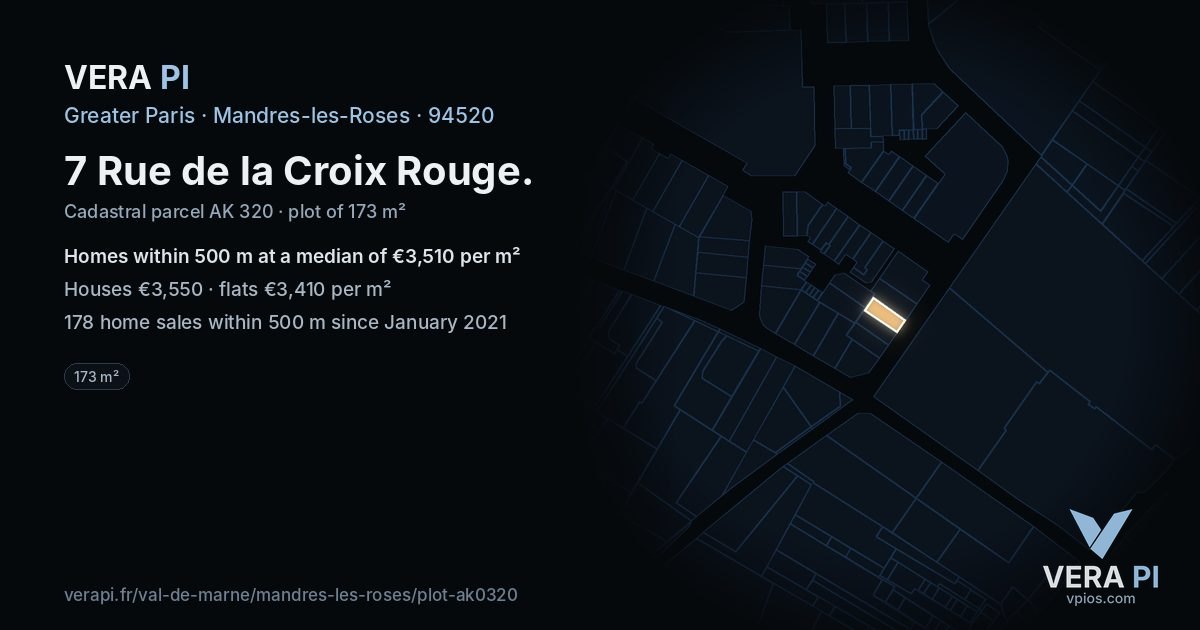 7 Rue de la Croix Rouge, Mandres-les-Roses at night – the plot lit, the parcels around coloured by the prices near them