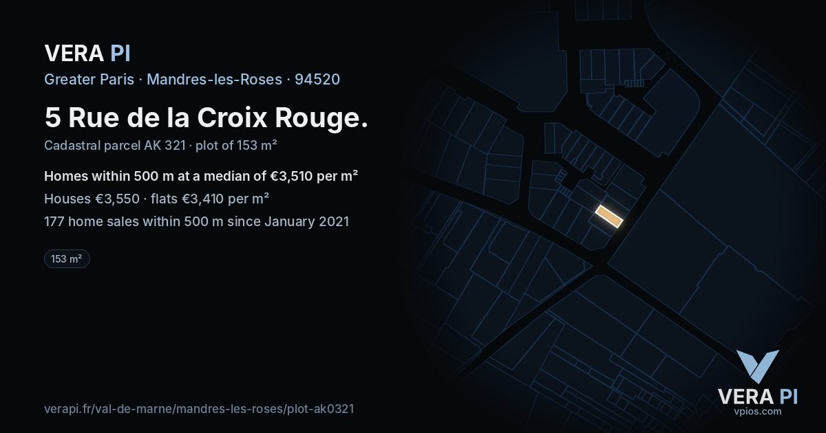 5 Rue de la Croix Rouge, Mandres-les-Roses at night – the plot lit, the parcels around coloured by the prices near them