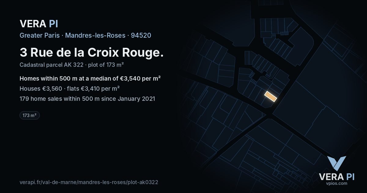 3 Rue de la Croix Rouge, Mandres-les-Roses at night – the plot lit, the parcels around coloured by the prices near them