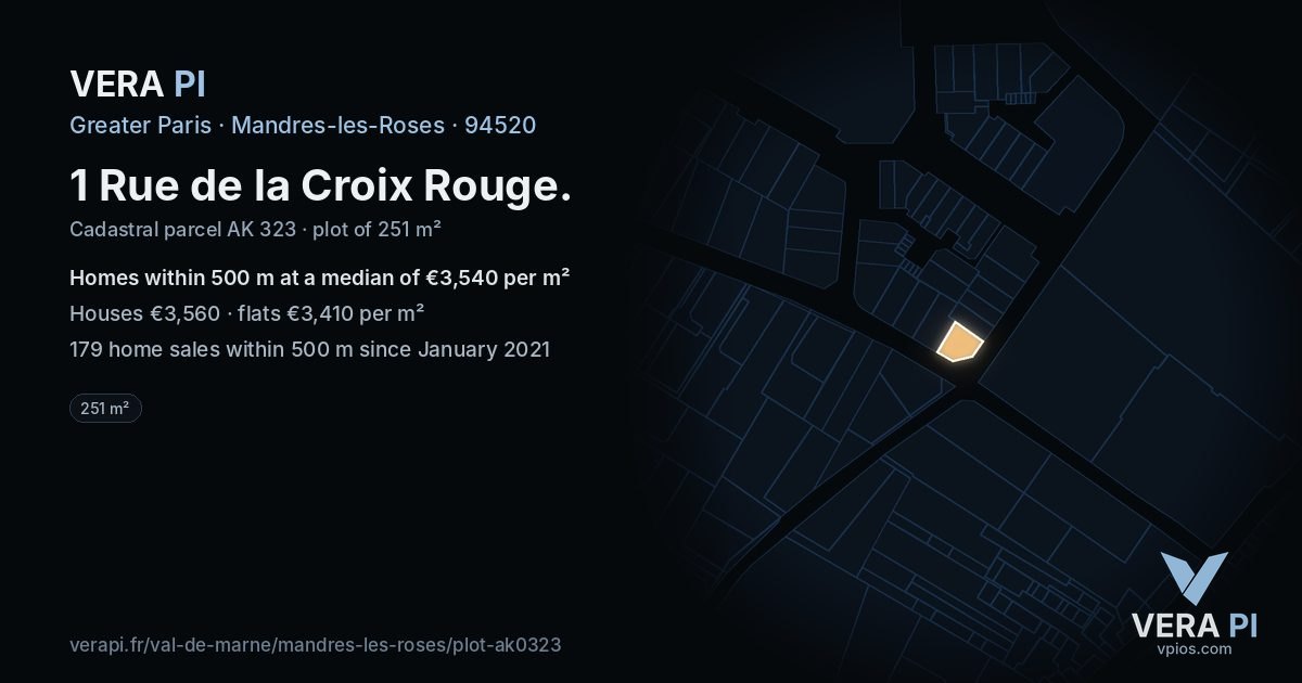 1 Rue de la Croix Rouge, Mandres-les-Roses at night – the plot lit, the parcels around coloured by the prices near them