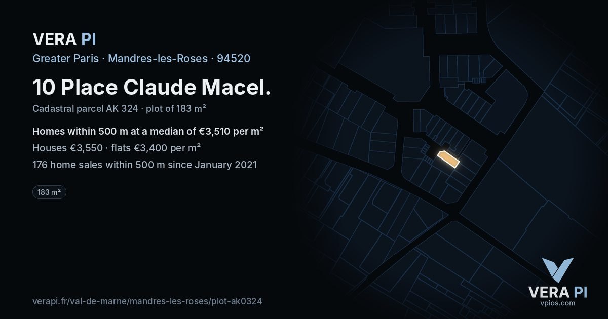 10 Place Claude Macel, Mandres-les-Roses at night – the plot lit, the parcels around coloured by the prices near them