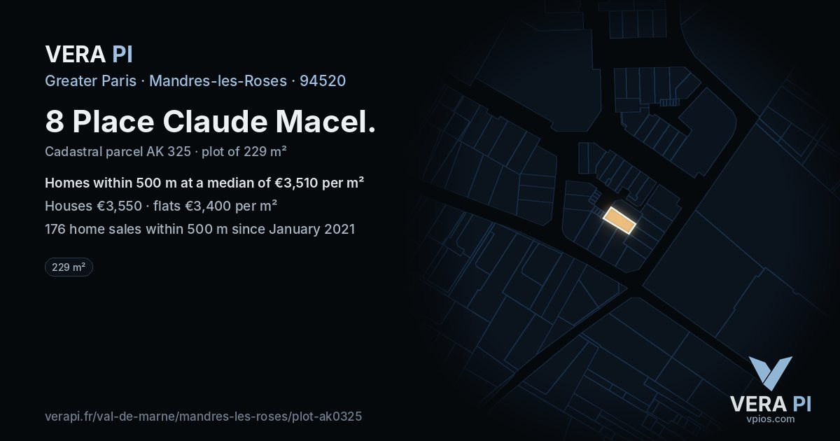 8 Place Claude Macel, Mandres-les-Roses at night – the plot lit, the parcels around coloured by the prices near them