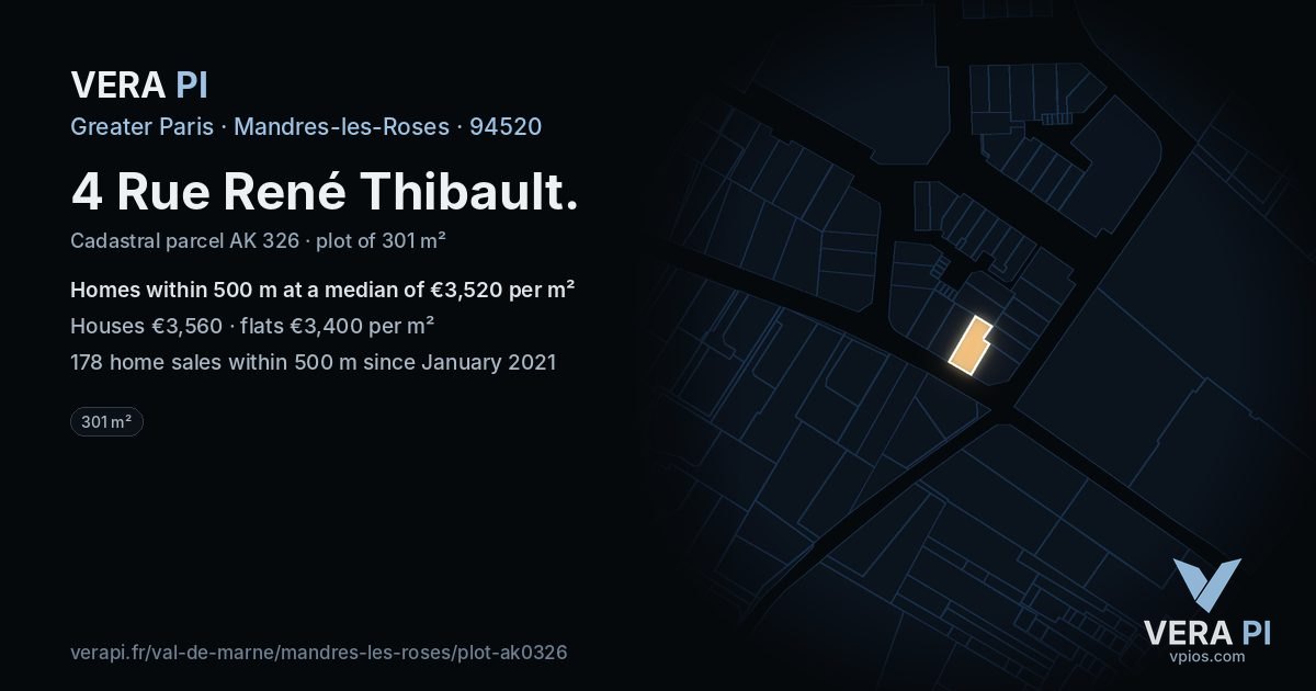 4 Rue René Thibault, Mandres-les-Roses at night – the plot lit, the parcels around coloured by the prices near them