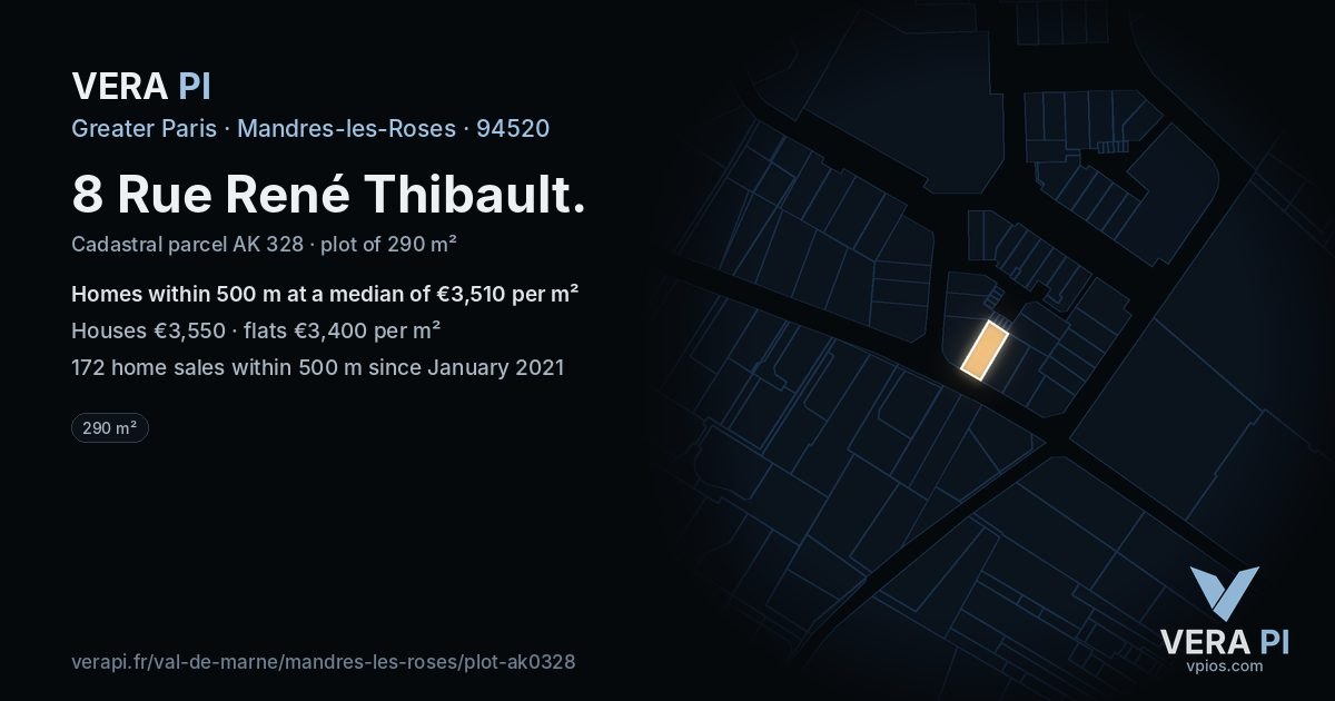 8 Rue René Thibault, Mandres-les-Roses at night – the plot lit, the parcels around coloured by the prices near them