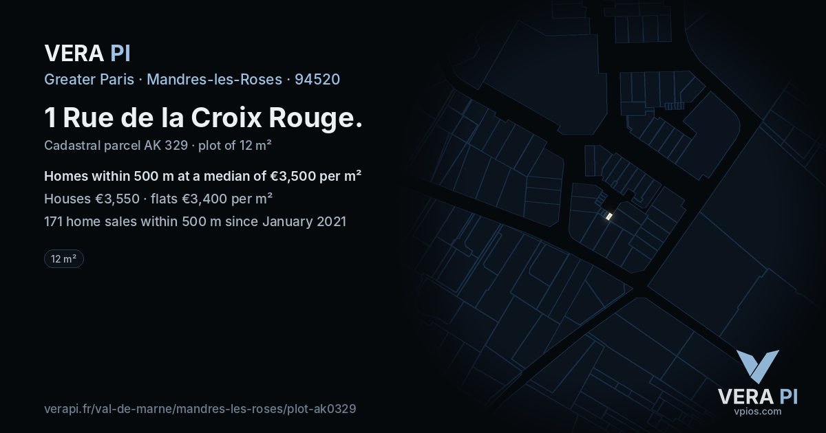 1 Rue de la Croix Rouge, Mandres-les-Roses at night – the plot lit, the parcels around coloured by the prices near them