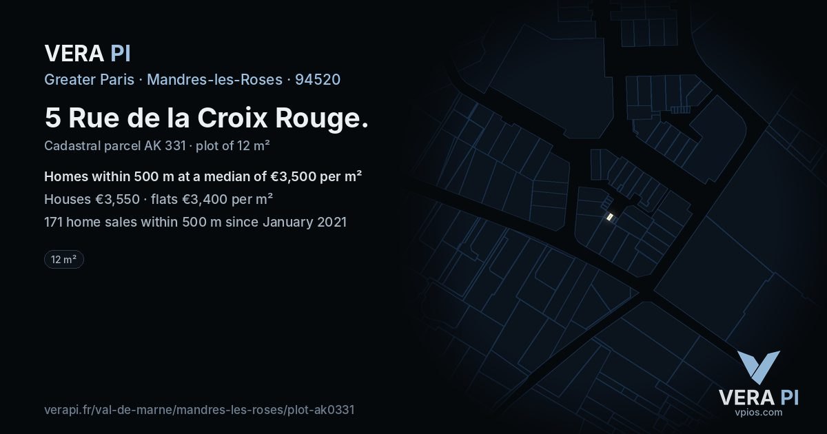 5 Rue de la Croix Rouge, Mandres-les-Roses at night – the plot lit, the parcels around coloured by the prices near them