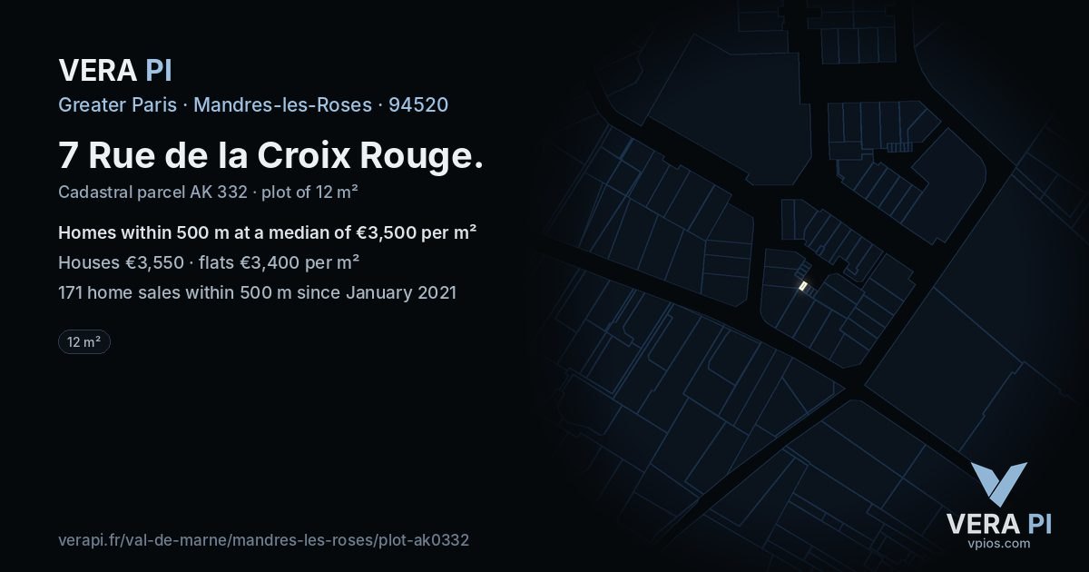 7 Rue de la Croix Rouge, Mandres-les-Roses at night – the plot lit, the parcels around coloured by the prices near them