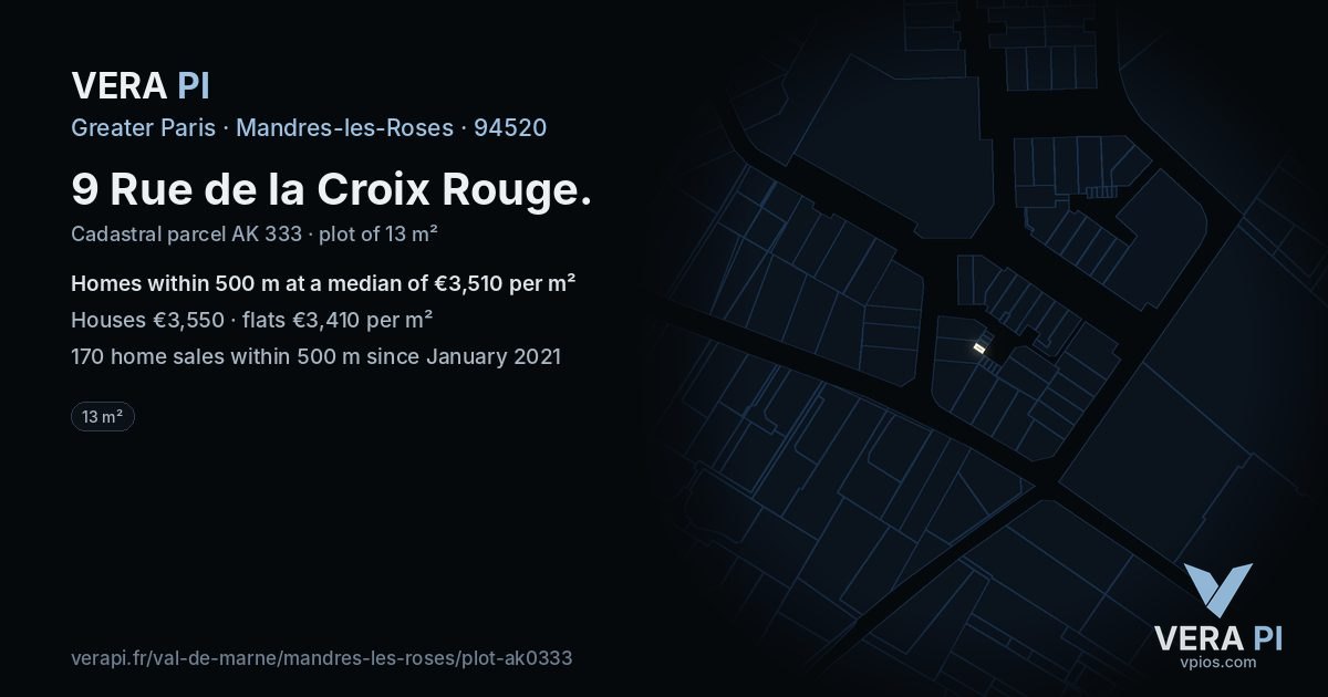 9 Rue de la Croix Rouge, Mandres-les-Roses at night – the plot lit, the parcels around coloured by the prices near them