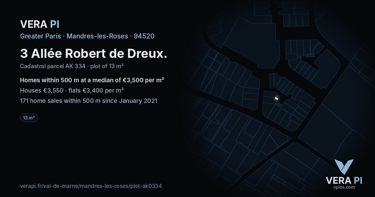 3 Allée Robert de Dreux, Mandres-les-Roses at night – the plot lit, the parcels around coloured by the prices near them
