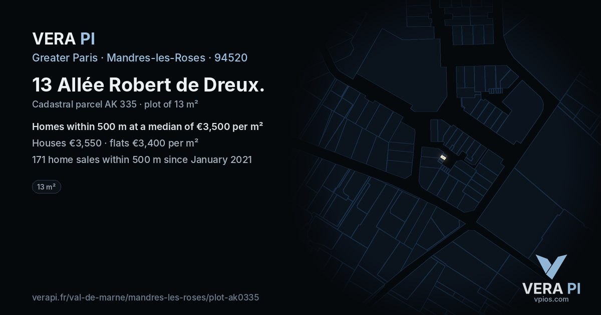 13 Allée Robert de Dreux, Mandres-les-Roses at night – the plot lit, the parcels around coloured by the prices near them
