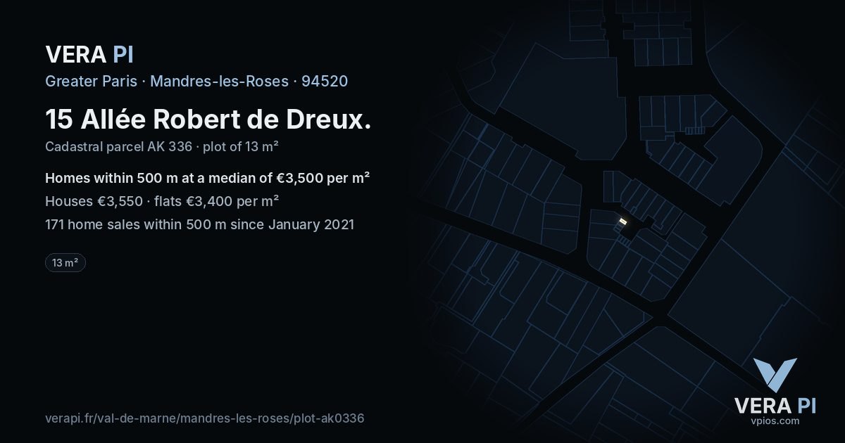 15 Allée Robert de Dreux, Mandres-les-Roses at night – the plot lit, the parcels around coloured by the prices near them