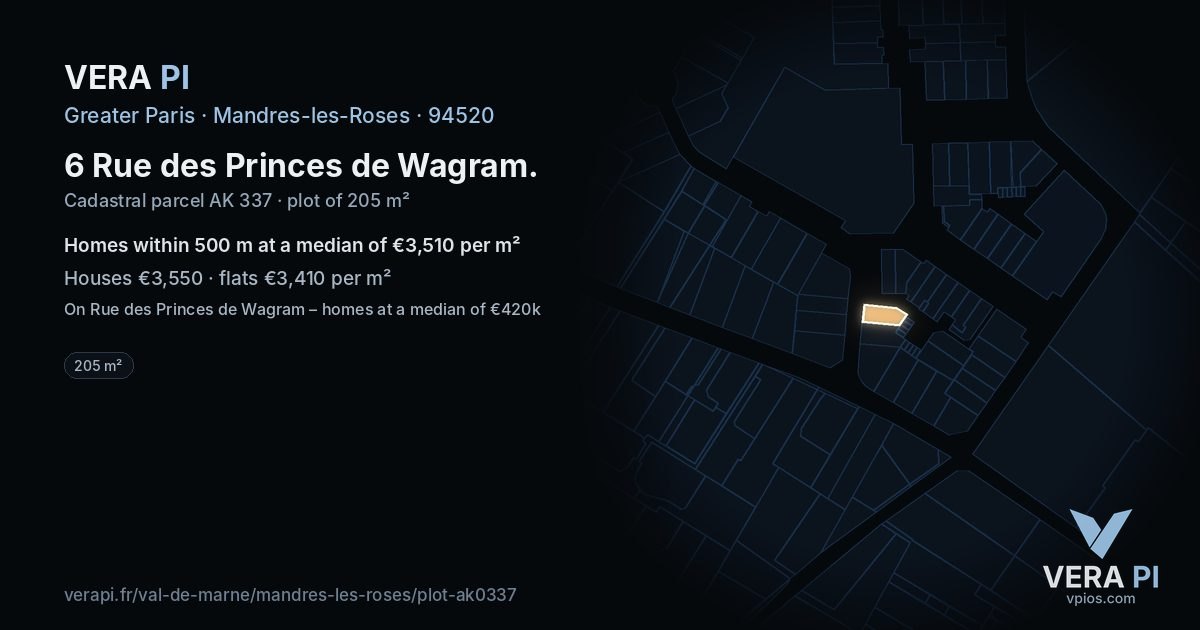 6 Rue des Princes de Wagram, Mandres-les-Roses at night – the plot lit, the parcels around coloured by the prices near them