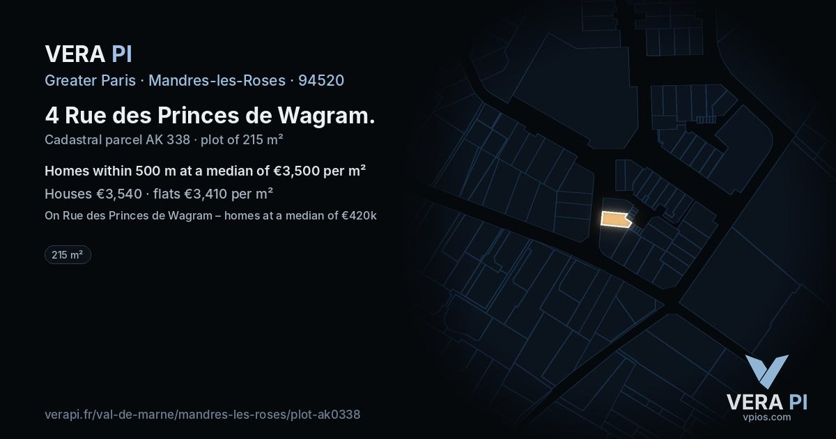 4 Rue des Princes de Wagram, Mandres-les-Roses at night – the plot lit, the parcels around coloured by the prices near them