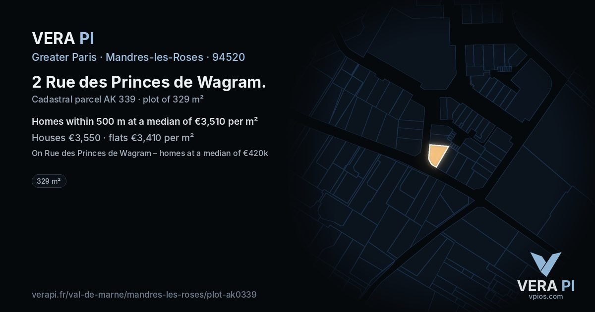 2 Rue des Princes de Wagram, Mandres-les-Roses at night – the plot lit, the parcels around coloured by the prices near them