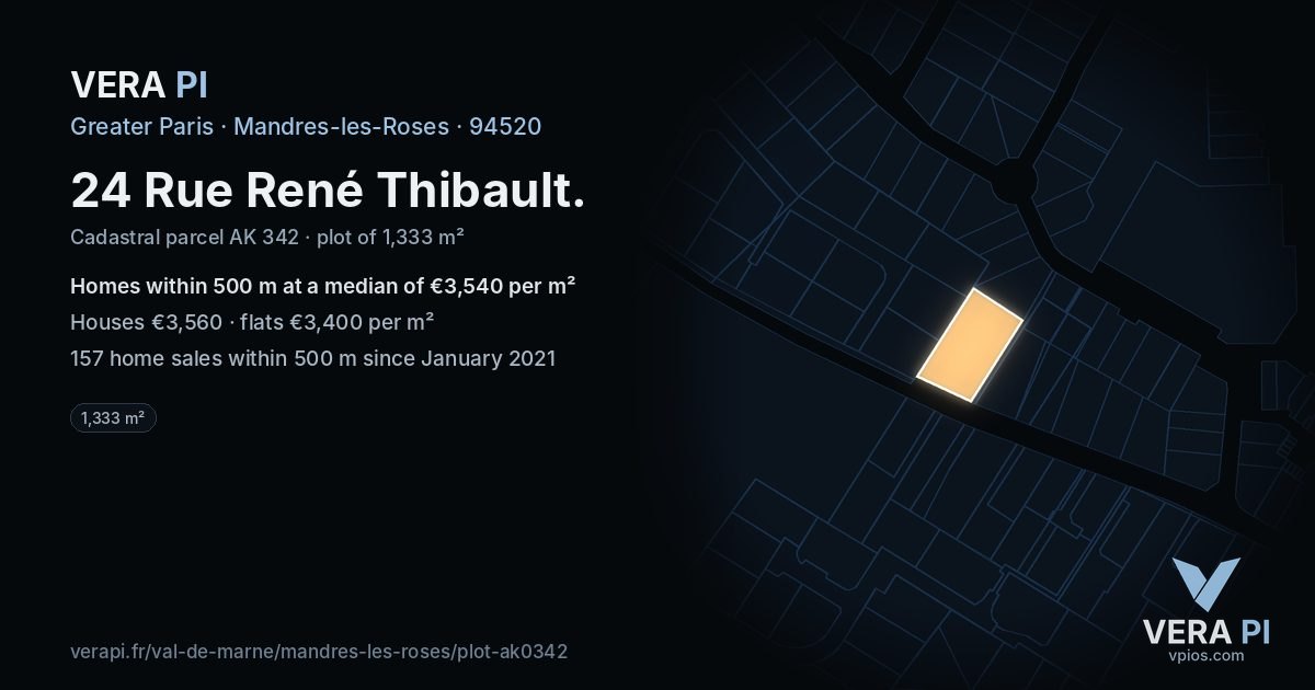 24 Rue René Thibault, Mandres-les-Roses at night – the plot lit, the parcels around coloured by the prices near them