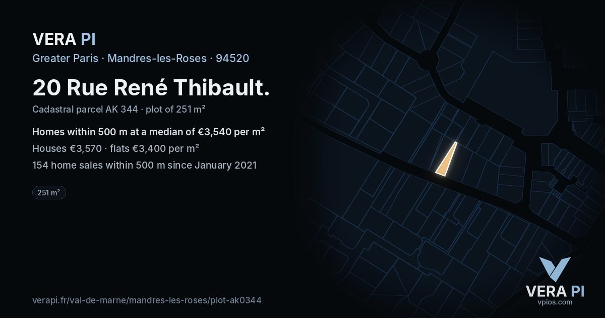 20 Rue René Thibault, Mandres-les-Roses at night – the plot lit, the parcels around coloured by the prices near them