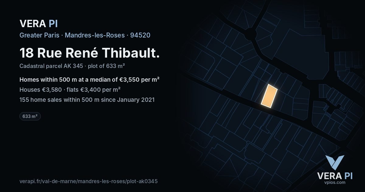 18 Rue René Thibault, Mandres-les-Roses at night – the plot lit, the parcels around coloured by the prices near them