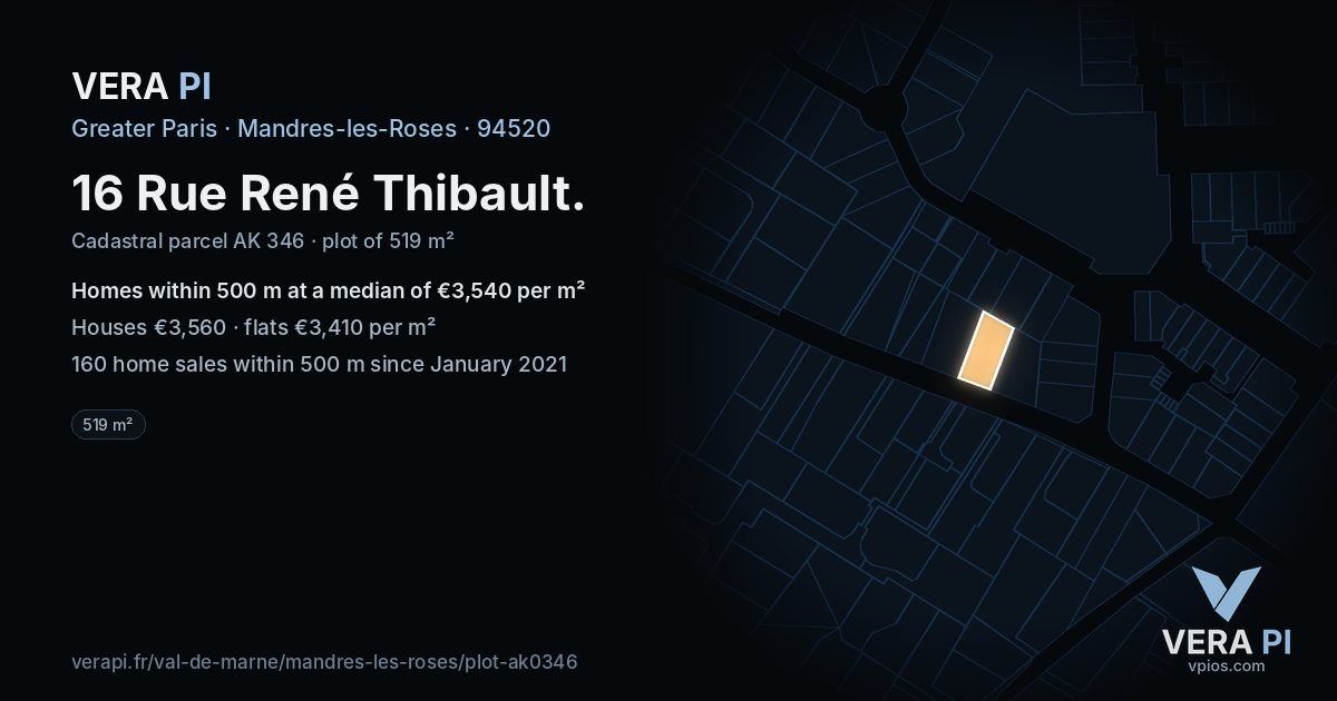 16 Rue René Thibault, Mandres-les-Roses at night – the plot lit, the parcels around coloured by the prices near them