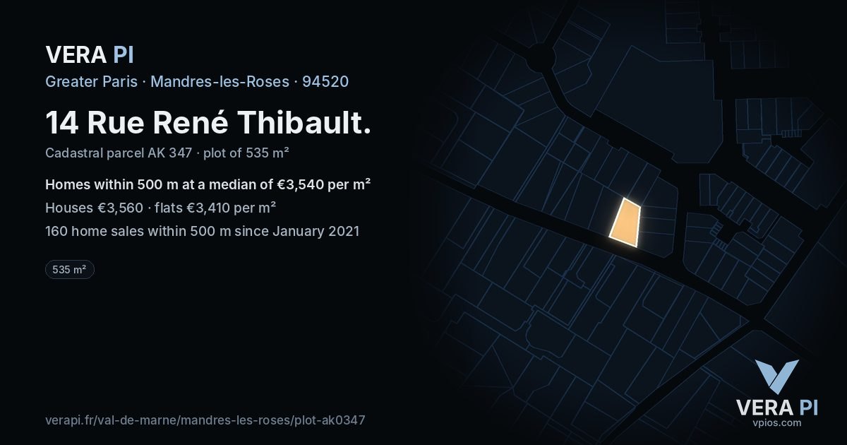 14 Rue René Thibault, Mandres-les-Roses at night – the plot lit, the parcels around coloured by the prices near them
