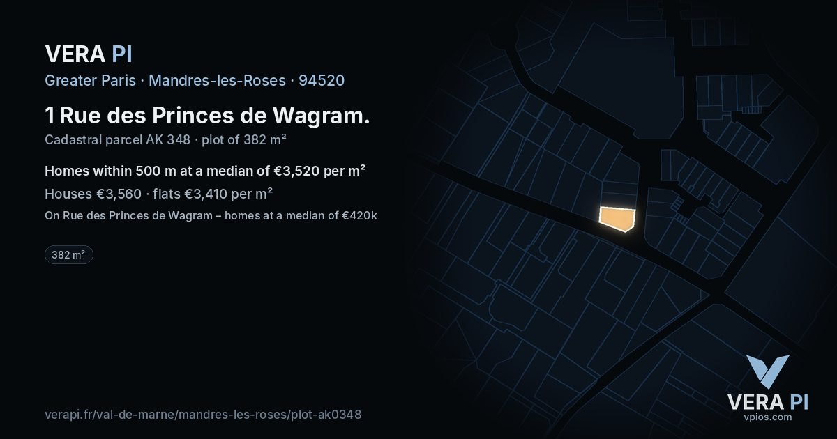 1 Rue des Princes de Wagram, Mandres-les-Roses at night – the plot lit, the parcels around coloured by the prices near them