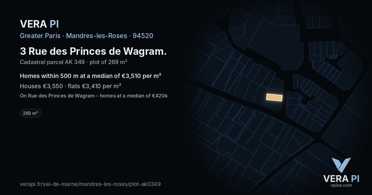 3 Rue des Princes de Wagram, Mandres-les-Roses at night – the plot lit, the parcels around coloured by the prices near them
