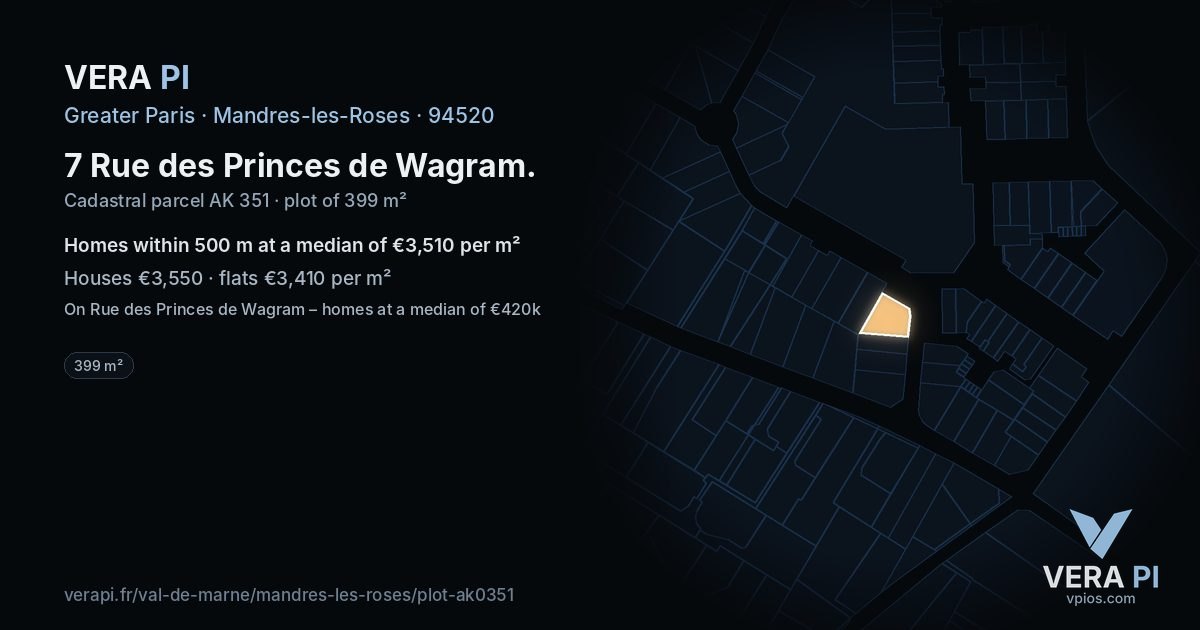 7 Rue des Princes de Wagram, Mandres-les-Roses at night – the plot lit, the parcels around coloured by the prices near them