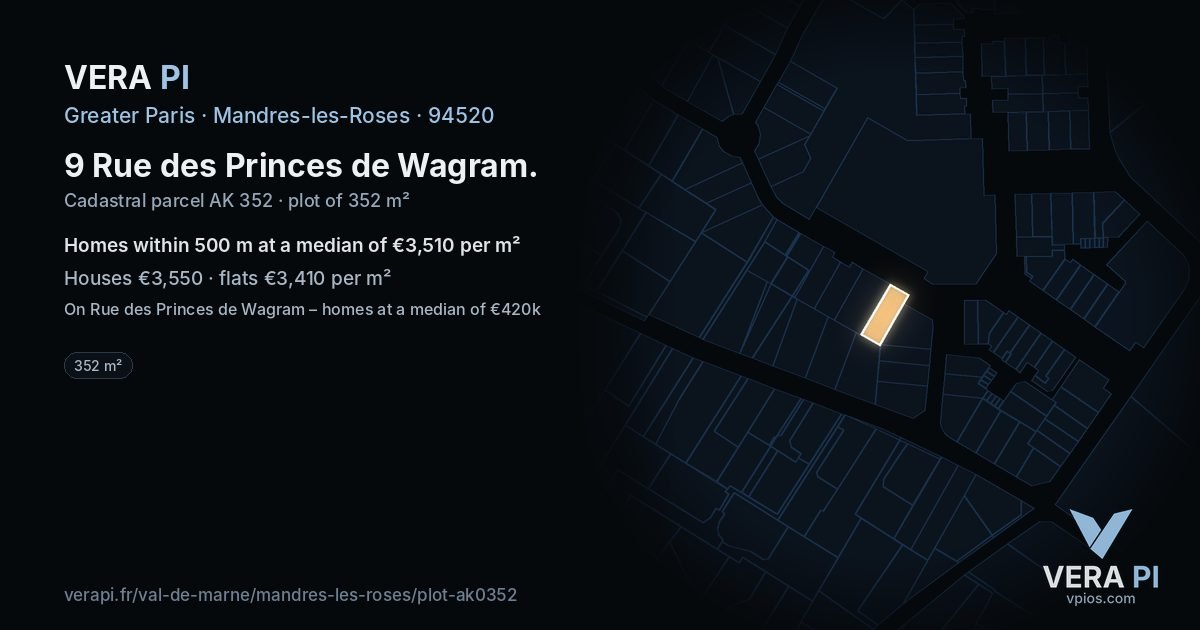 9 Rue des Princes de Wagram, Mandres-les-Roses at night – the plot lit, the parcels around coloured by the prices near them