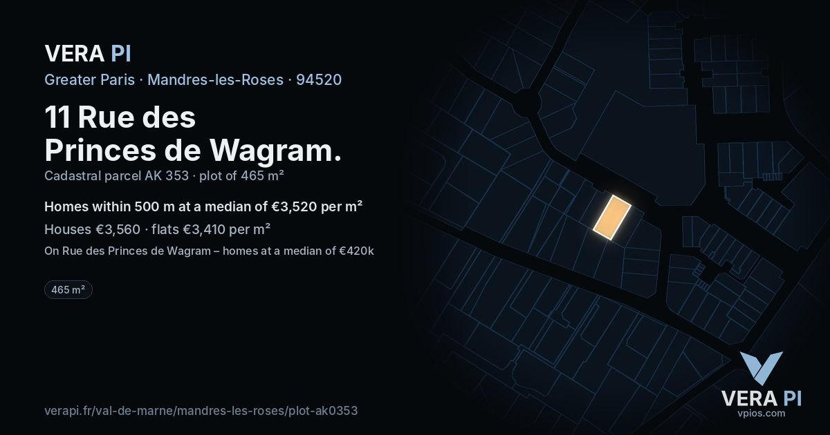 11 Rue des Princes de Wagram, Mandres-les-Roses at night – the plot lit, the parcels around coloured by the prices near them