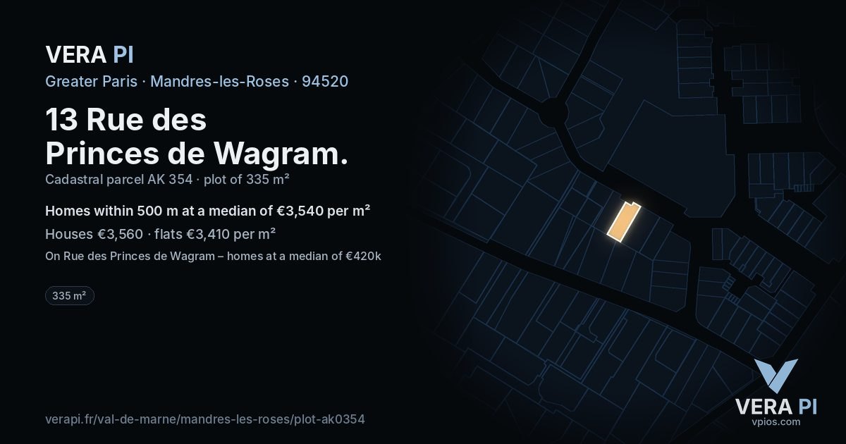 13 Rue des Princes de Wagram, Mandres-les-Roses at night – the plot lit, the parcels around coloured by the prices near them