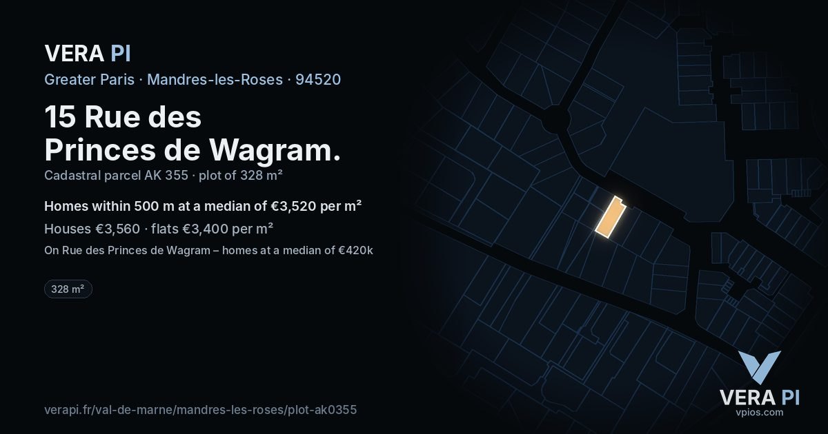 15 Rue des Princes de Wagram, Mandres-les-Roses at night – the plot lit, the parcels around coloured by the prices near them