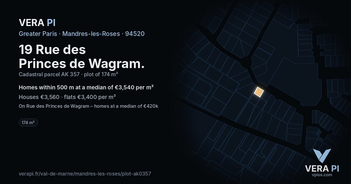 19 Rue des Princes de Wagram, Mandres-les-Roses at night – the plot lit, the parcels around coloured by the prices near them