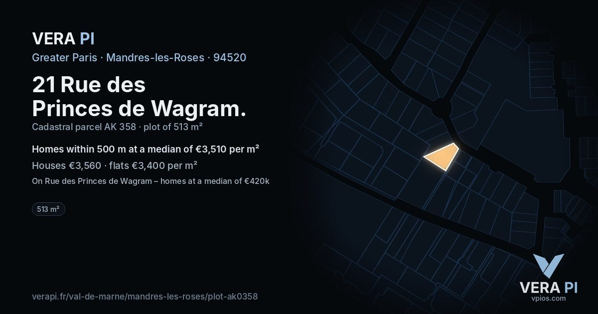 21 Rue des Princes de Wagram, Mandres-les-Roses at night – the plot lit, the parcels around coloured by the prices near them