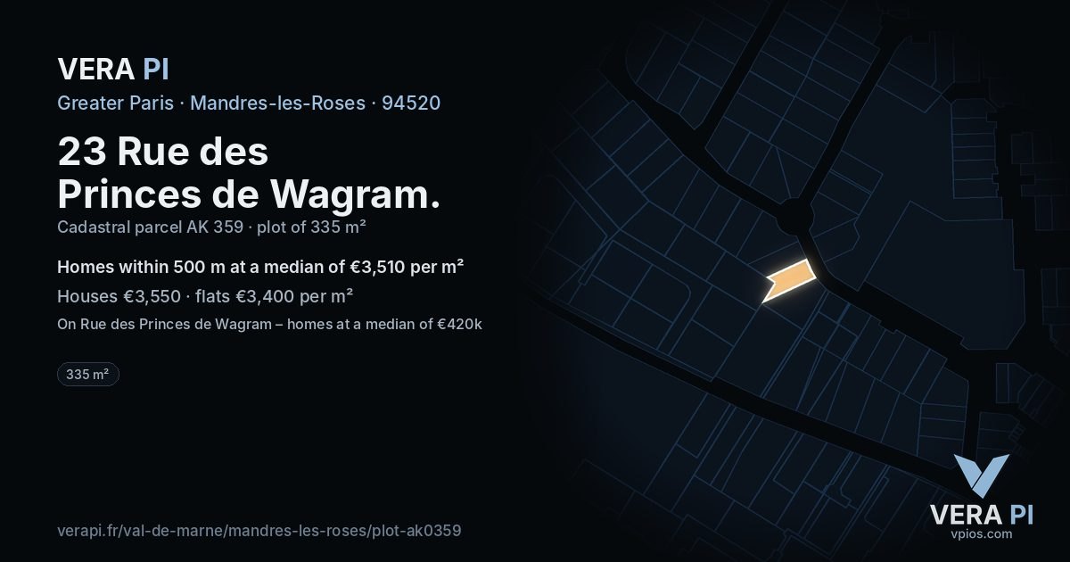 23 Rue des Princes de Wagram, Mandres-les-Roses at night – the plot lit, the parcels around coloured by the prices near them