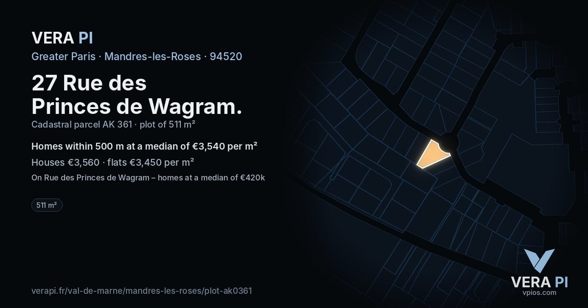 27 Rue des Princes de Wagram, Mandres-les-Roses at night – the plot lit, the parcels around coloured by the prices near them