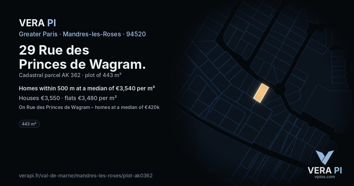 29 Rue des Princes de Wagram, Mandres-les-Roses at night – the plot lit, the parcels around coloured by the prices near them