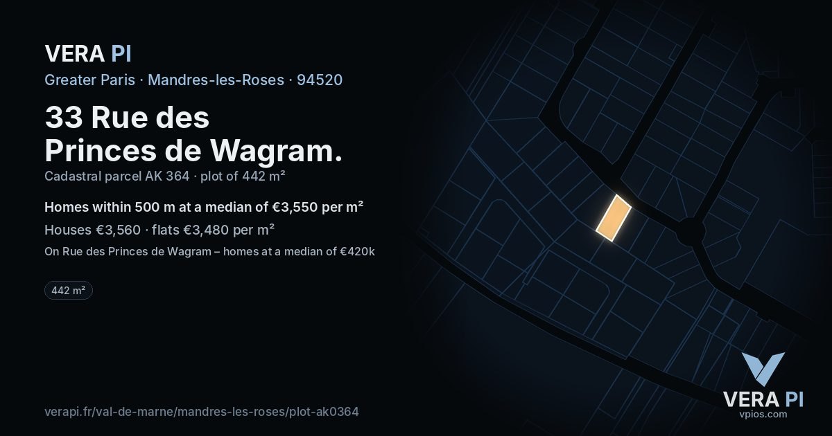 33 Rue des Princes de Wagram, Mandres-les-Roses at night – the plot lit, the parcels around coloured by the prices near them