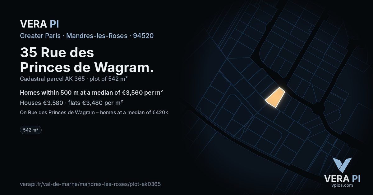 35 Rue des Princes de Wagram, Mandres-les-Roses at night – the plot lit, the parcels around coloured by the prices near them