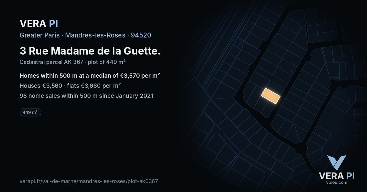 3 Rue Madame de la Guette, Mandres-les-Roses at night – the plot lit, the parcels around coloured by the prices near them