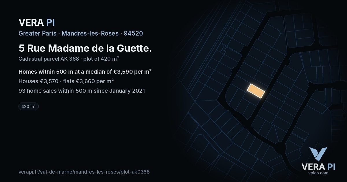 5 Rue Madame de la Guette, Mandres-les-Roses at night – the plot lit, the parcels around coloured by the prices near them