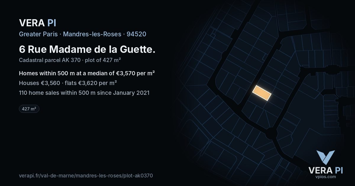 6 Rue Madame de la Guette, Mandres-les-Roses at night – the plot lit, the parcels around coloured by the prices near them