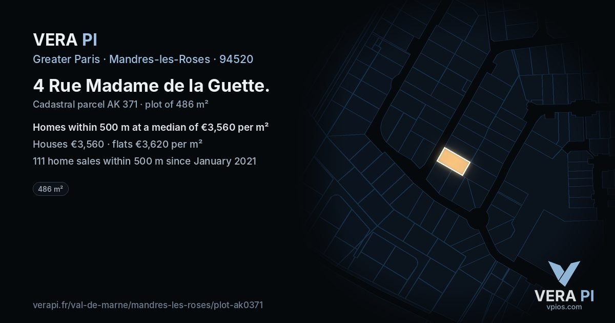 4 Rue Madame de la Guette, Mandres-les-Roses at night – the plot lit, the parcels around coloured by the prices near them