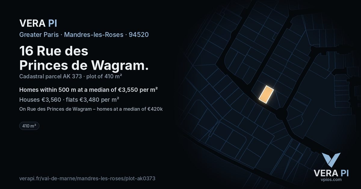 16 Rue des Princes de Wagram, Mandres-les-Roses at night – the plot lit, the parcels around coloured by the prices near them