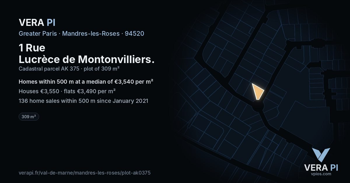 1 Rue Lucrèce de Montonvilliers, Mandres-les-Roses at night – the plot lit, the parcels around coloured by the prices near them